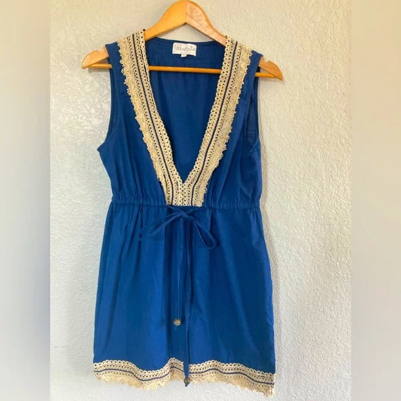 Mud Pie | Dresses | Mud Pie Womens Dress Tunic M Blue Cotton Deep V Neck  Hippie Boho Jute Trim | Poshmark